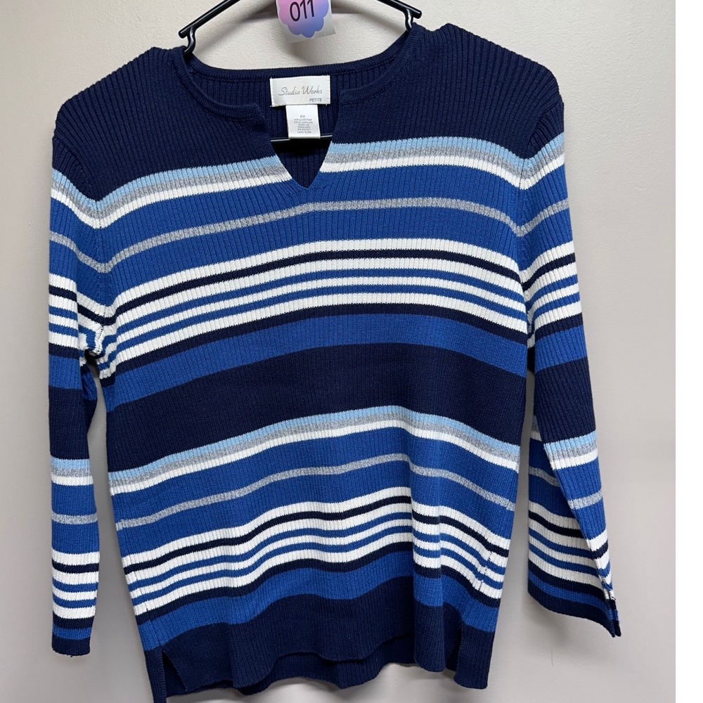Studio Works Womens Blue White Stripe V Neck Ribbed Sweater Top Size M‎